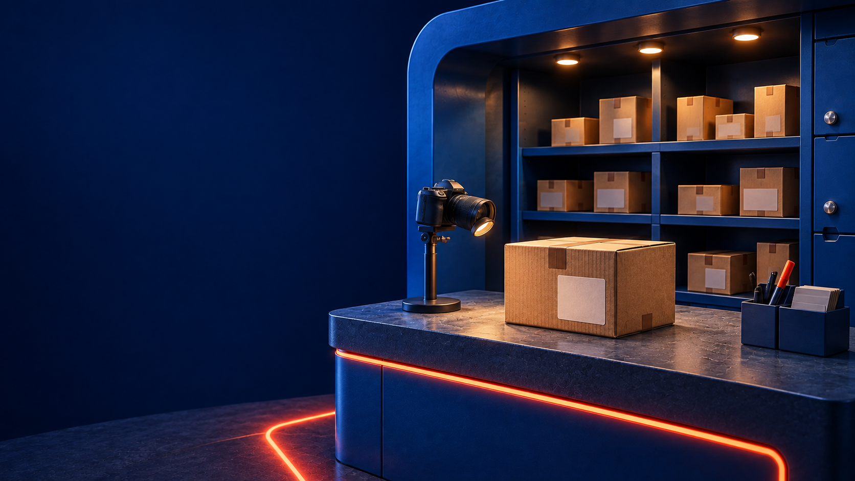 Detailed 3D receiving counter with a sealed parcel, a camera for intake photographs and storage shelves