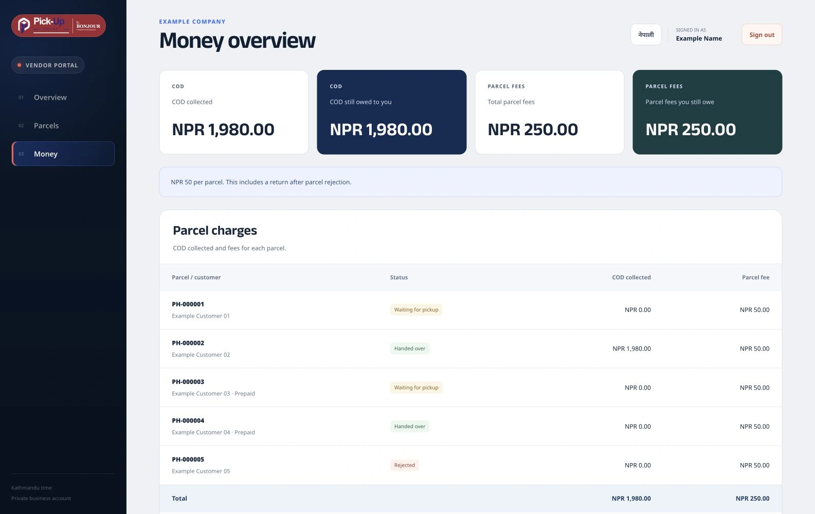 Example: Pick-Up Point vendor money view showing COD collections and parcel fees separately