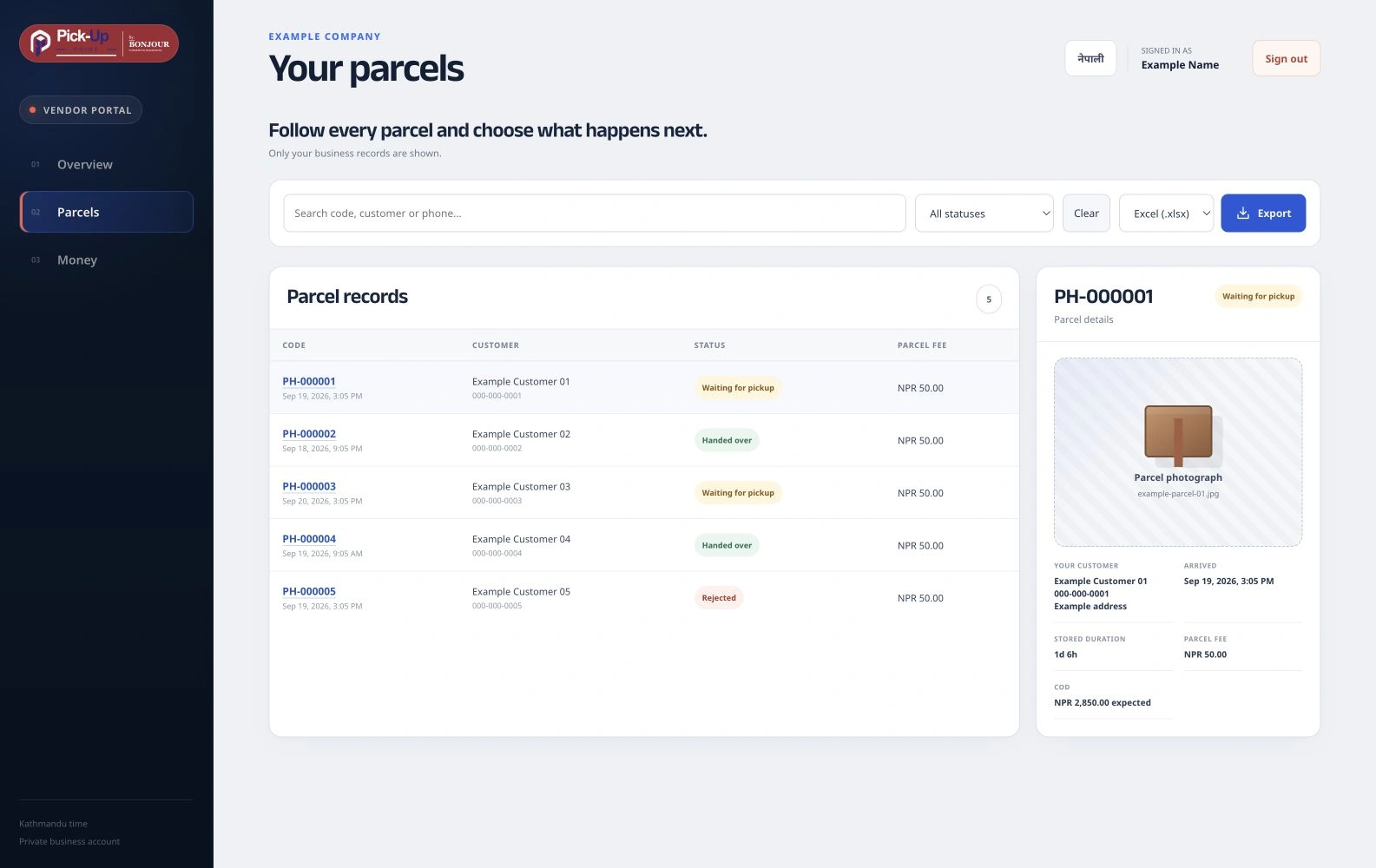Example: Pick-Up Point vendor parcel list showing stored, handed-over and rejected parcels